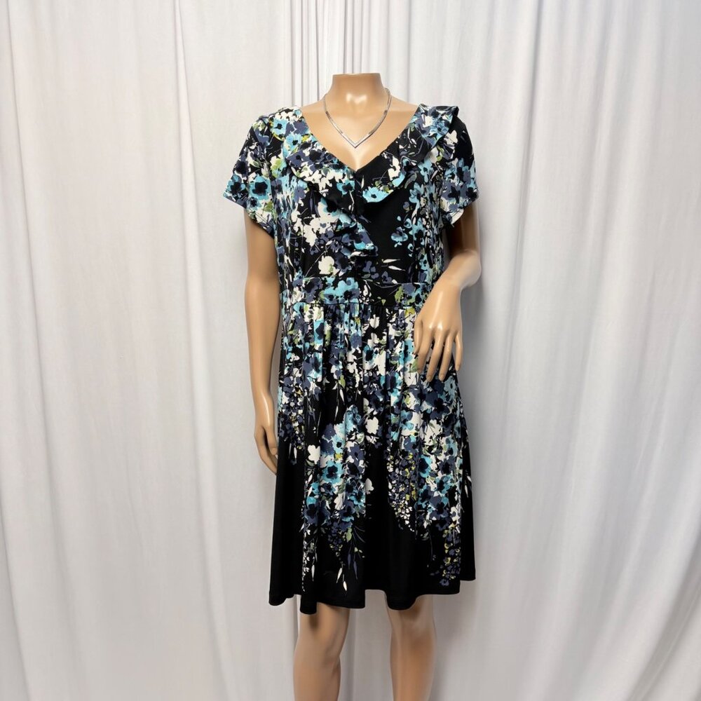 APT 9 Dress Womens Petite Large Black Blue Floral Ruffle Short Sleeve Stretch